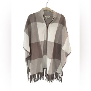 Christian Siriano Plaid Fringe Poncho - Brown and Cream